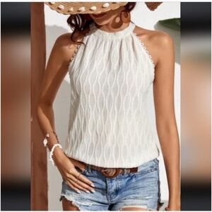 Beige French Lace Trim Textured Halter Tank Top
